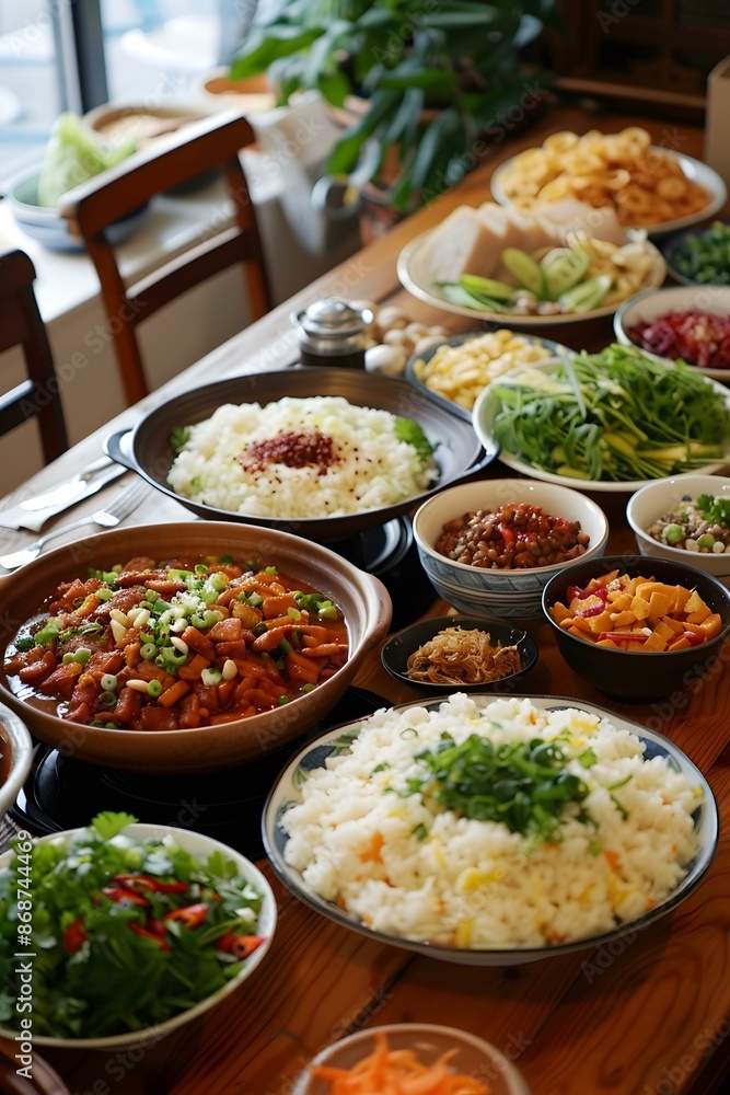 Delicious Asian Cuisine Spread On Wooden Table Delicious Asian Cuisine Spread On Wooden Table