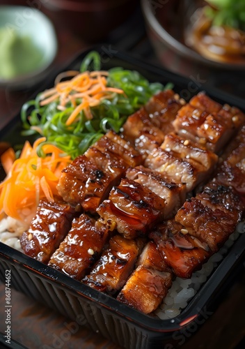 A delicious and healthy meal of pork belly with rice and vegetables