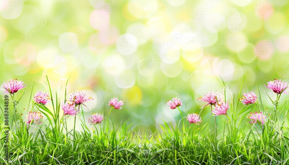 Vibrant close up of lush green grass with beautifully blurred garden in the background Vibrant close up of lush green grass with beautifully blurred garden in the background