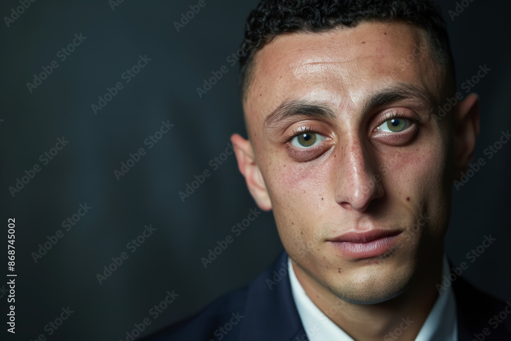 Close-up portrait of a young man of Middle Eastern descent, studio photo, against a sleek gray studio backdrop Close-up portrait of a young man of Middle Eastern descent, studio photo, against a sleek gray studio backdrop