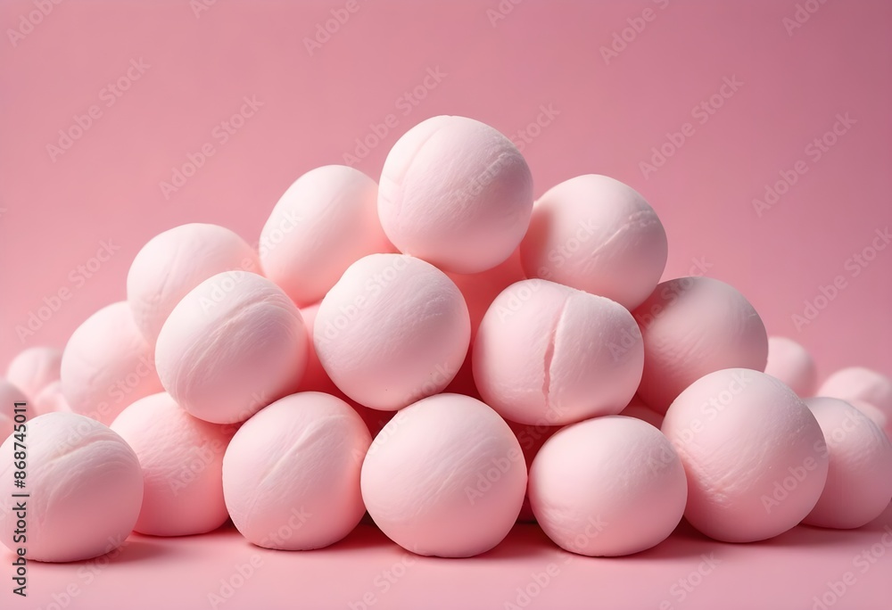 Soft pink marshmallows or cotton candy balls, close-up view of the fluffy, round confections against a pink background Soft pink marshmallows or cotton candy balls, close-up view of the fluffy, round confections against a pink background