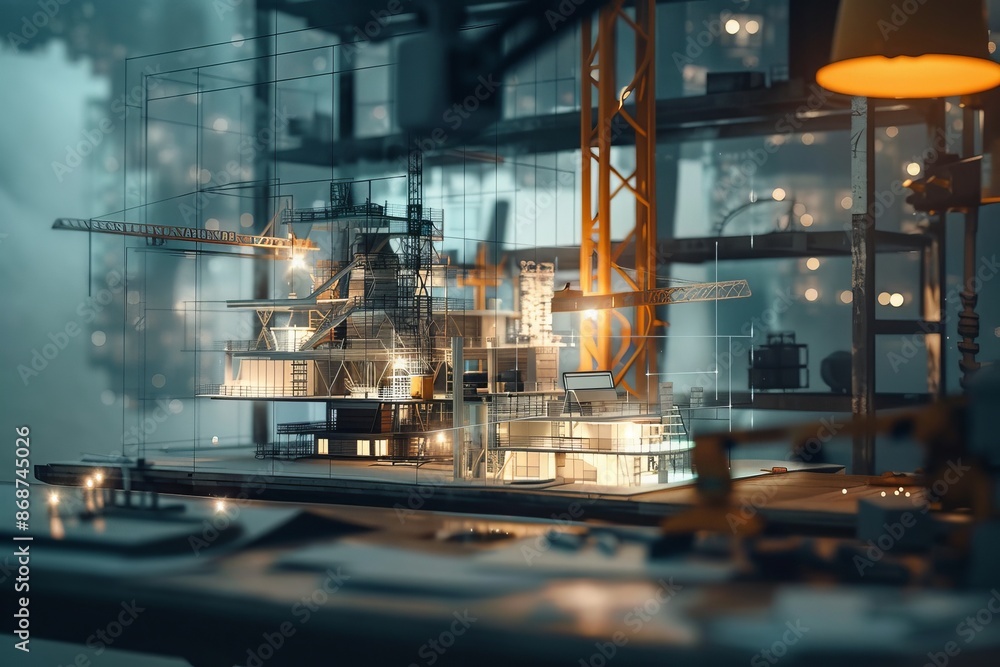 Architectural design desk with mining light at construction site integrating ai technology Architectural design desk with mining light at construction site integrating ai technology