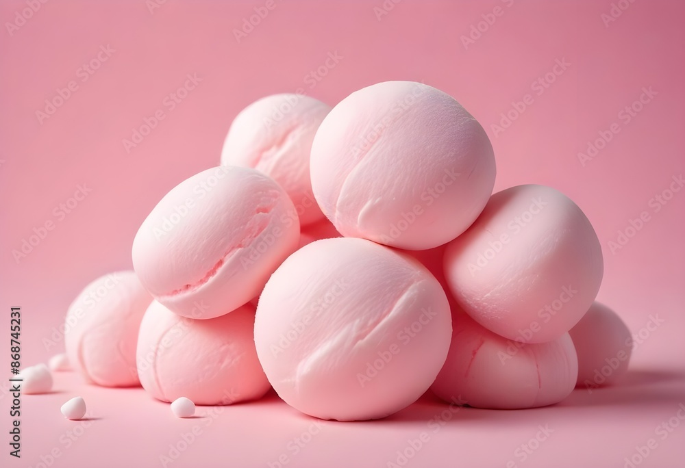 Soft pink marshmallows or cotton candy balls, close-up view of the fluffy, round confections against a pink background Soft pink marshmallows or cotton candy balls, close-up view of the fluffy, round confections against a pink background