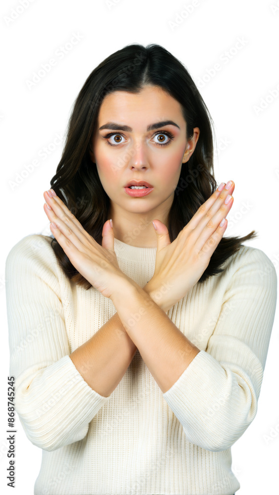 Woman Wearing White Sweater Making Stop Gesture With Arms Crossed Woman Wearing White Sweater Making Stop Gesture With Arms Crossed
