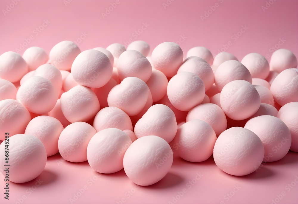 Soft pink marshmallows or cotton candy balls, close-up view of the fluffy, round confections against a pink background Soft pink marshmallows or cotton candy balls, close-up view of the fluffy, round confections against a pink background