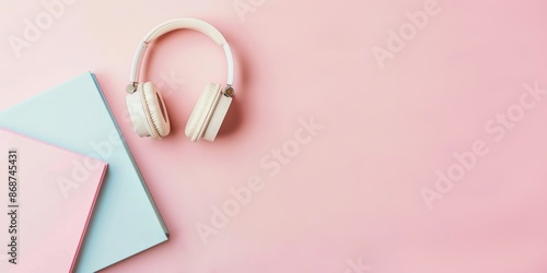 A pair of headphones and books on a pastel background © maria_lh