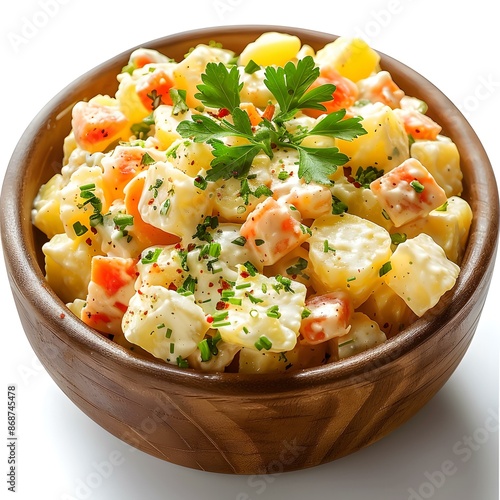 Potato salad in a wooden bowl