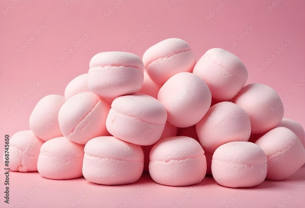 Soft pink marshmallows or cotton candy balls, close-up view of the fluffy, round confections against a pink background Soft pink marshmallows or cotton candy balls, close-up view of the fluffy, round confections against a pink background