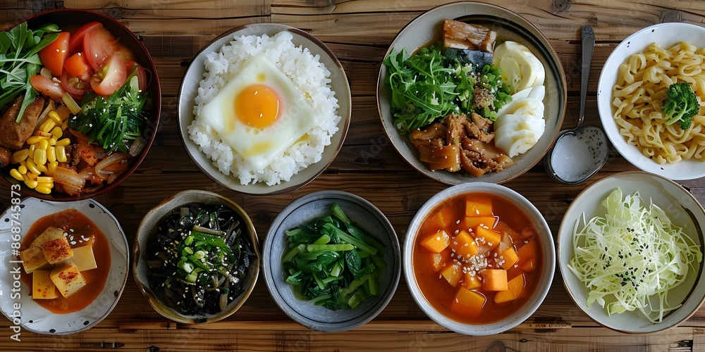 A delicious Korean meal with rice, soup, and side dishes A delicious Korean meal with rice, soup, and side dishes
