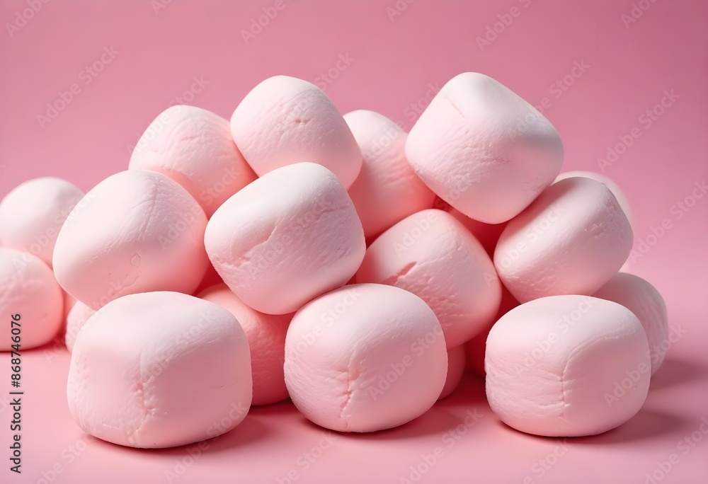Soft pink marshmallows or cotton candy balls, close-up view of the fluffy, round confections against a pink background Soft pink marshmallows or cotton candy balls, close-up view of the fluffy, round confections against a pink background