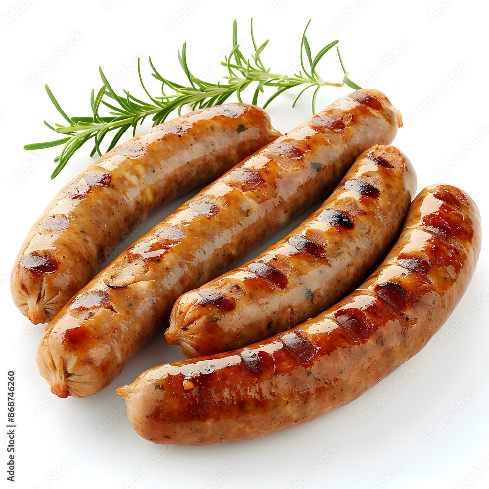 Grilled sausages with rosemary on a white background Grilled sausages with rosemary on a white background