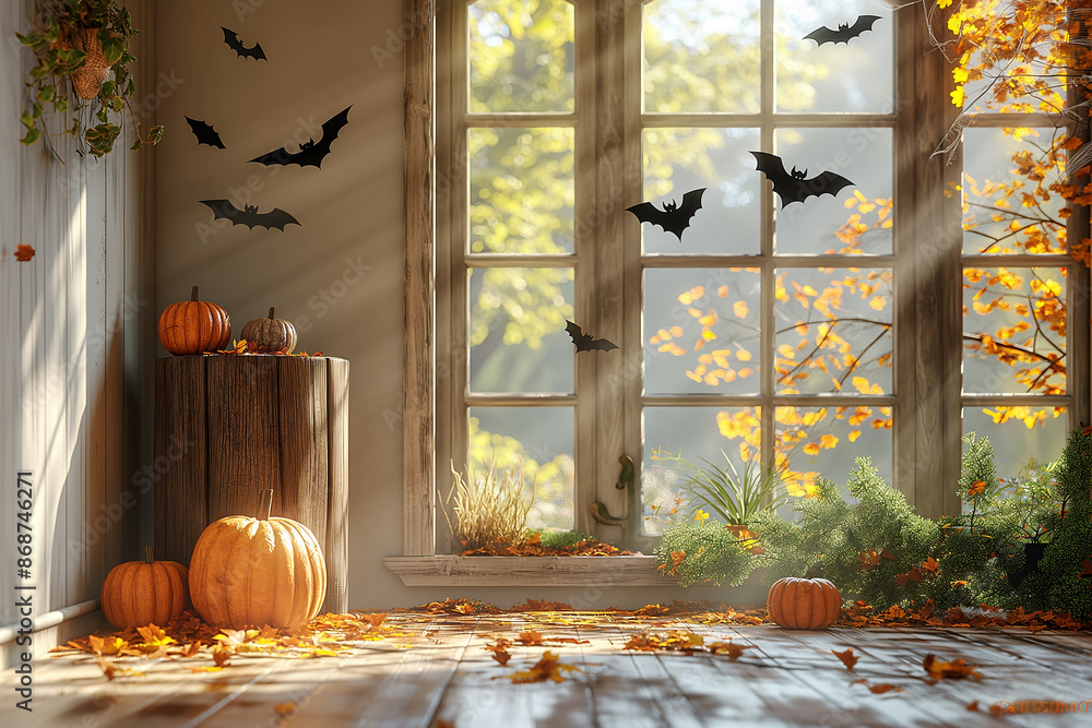 Obraz premium A room with a window and bats on the wall