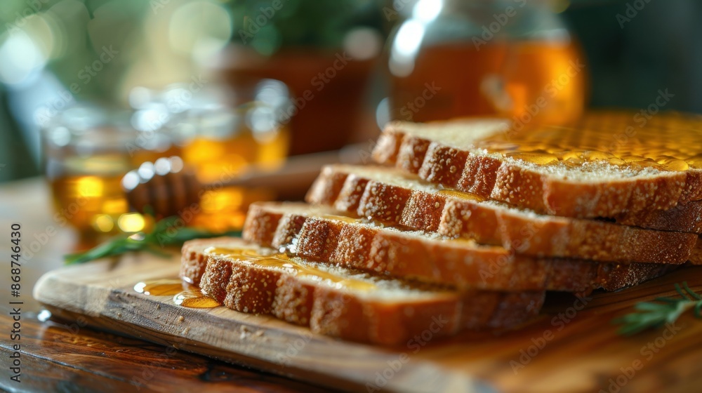 fresh bread drizzled with honey on a wooden table fresh bread drizzled with honey on a wooden table