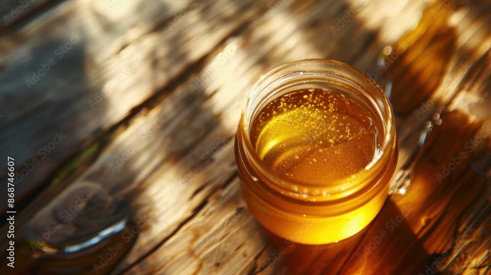 fresh honey in a transparent jar on a wooden table close-up. fresh honey in a transparent jar on a wooden table close-up.