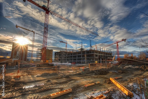 Dynamic construction site with cranes in high quality image showcasing high dynamic range photo