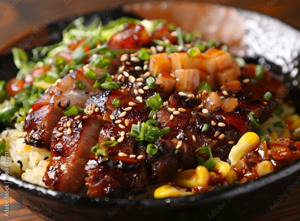 A delicious bowl of Japanese BBQ pork with rice and corn A delicious bowl of Japanese BBQ pork with rice and corn