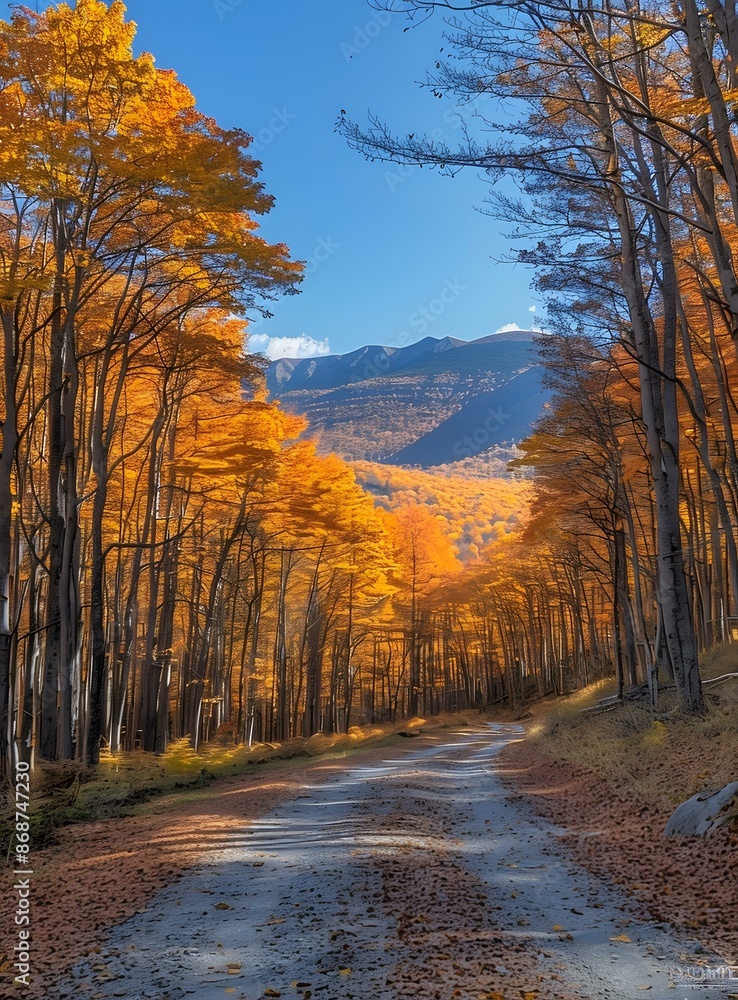 Autumn Road through Forest with Golden Trees and Mountain View Autumn Road through Forest with Golden Trees and Mountain View