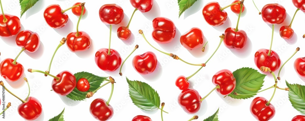 A seamless pattern with realistic cherries and leaves on a white background. A seamless pattern with realistic cherries and leaves on a white background.