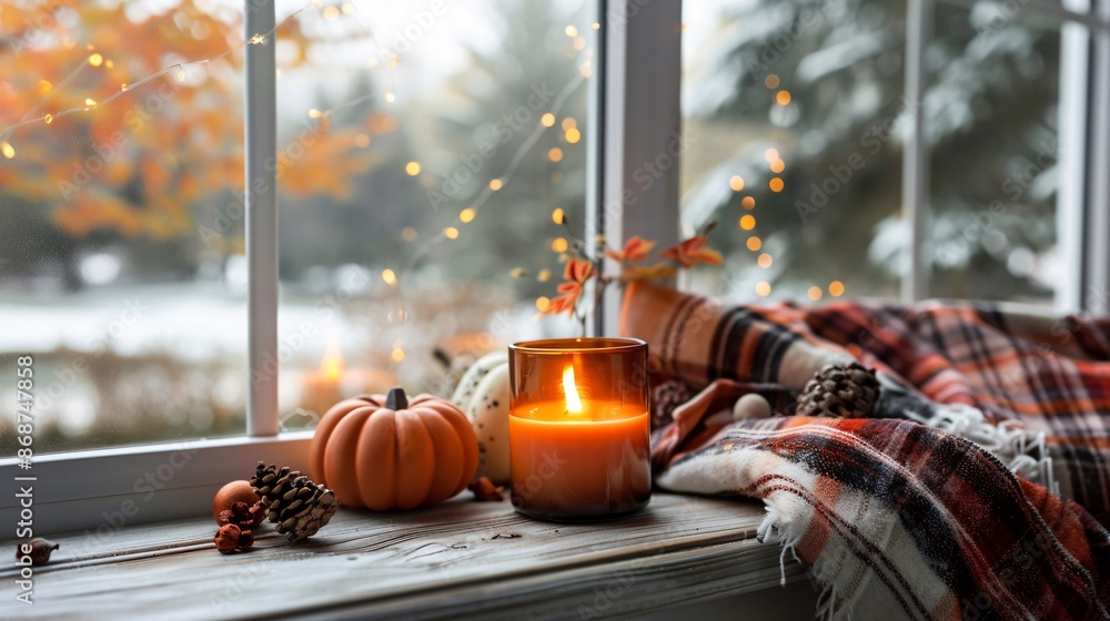 A cozy indoor scene with a pumpkin-scented candle burning on a windowsill, surrounded by small decorative pumpkins and a plaid blanket A cozy indoor scene with a pumpkin-scented candle burning on a windowsill, surrounded by small decorative pumpkins and a plaid blanket