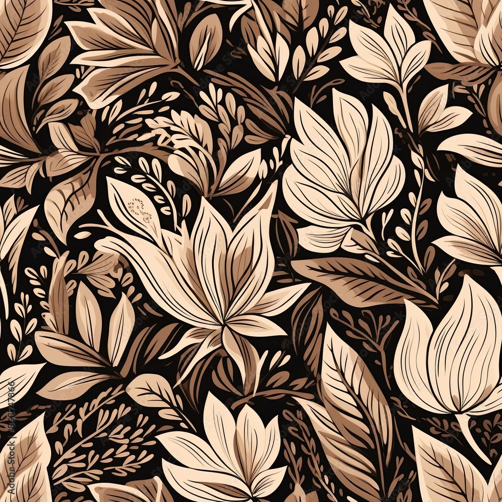 Abstract floral lino cuts of leaves and flowers designed in a random pattern Abstract floral lino cuts of leaves and flowers designed in a random pattern
