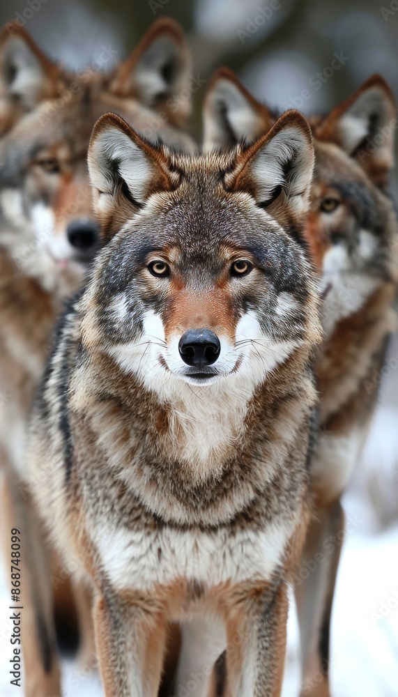 Fototapeta premium Group of untamed wild coyotes or wolves gathered in the pristine natural wilderness