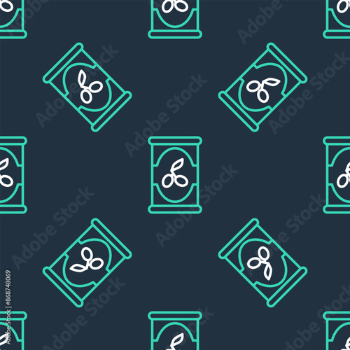 Line Olives in can icon isolated seamless pattern on black background. Concept of canned food. Vector