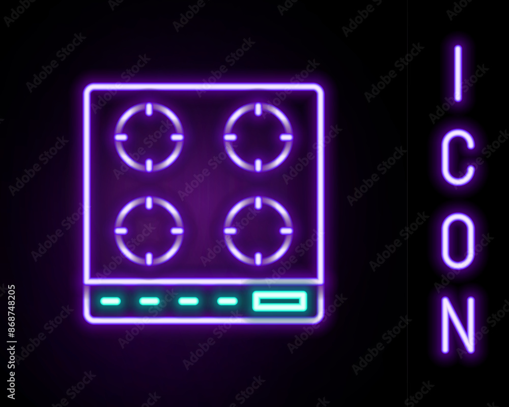 Glowing neon line Gas stove icon isolated on black background. Cooktop sign. Hob with four circle burners. Colorful outline concept. Vector Glowing neon line Gas stove icon isolated on black background. Cooktop sign. Hob with four circle burners. Colorful outline concept. Vector