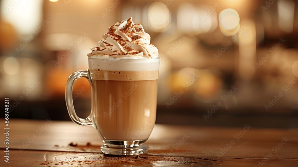 A delicious-looking pumpkin spice latte in a clear glass mug, topped with whipped cream and a sprinkle of cinnamon, set against a cozy café backdrop A delicious-looking pumpkin spice latte in a clear glass mug, topped with whipped cream and a sprinkle of cinnamon, set against a cozy café backdrop