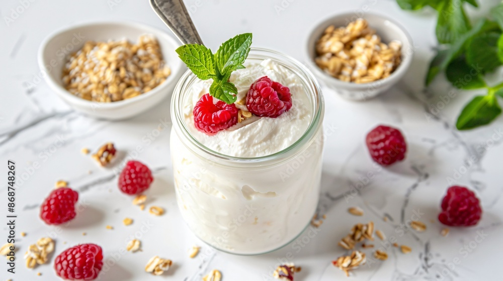 A glass jar of homemade yogurt with a spoon inside, surrounded by fresh raspberries, a sprig of mint, and a small dish of granola A glass jar of homemade yogurt with a spoon inside, surrounded by fresh raspberries, a sprig of mint, and a small dish of granola