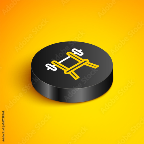 Isometric line Bench with barbell icon isolated on yellow background. Gym equipment. Bodybuilding, powerlifting, fitness concept. Black circle button. Vector
