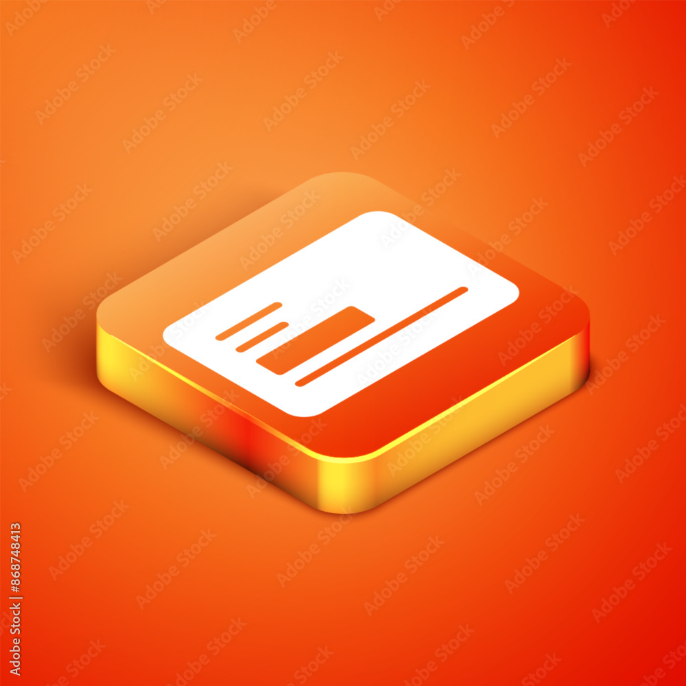 Isometric Visiting card, business card icon isolated on orange background. Corporate identity template. Vector