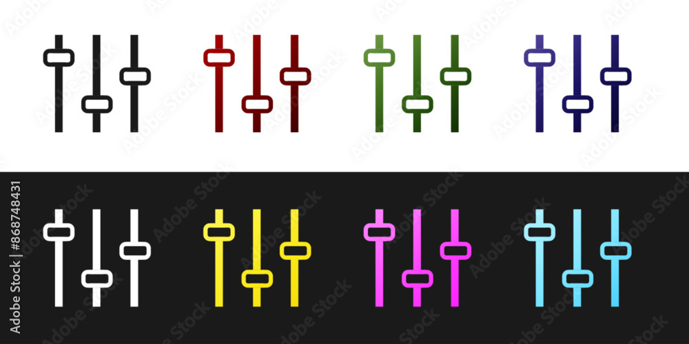 Set Music equalizer icon isolated on black and white background. Sound wave. Audio digital equalizer technology, console panel, pulse musical. Vector Set Music equalizer icon isolated on black and white background. Sound wave. Audio digital equalizer technology, console panel, pulse musical. Vector