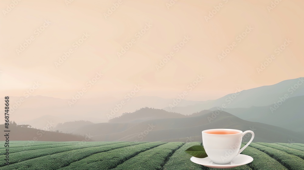 A serene scene of a cup of tea on a table with a beautiful mountainous landscape during sunrise, perfect for relaxation and tranquility. A serene scene of a cup of tea on a table with a beautiful mountainous landscape during sunrise, perfect for relaxation and tranquility.