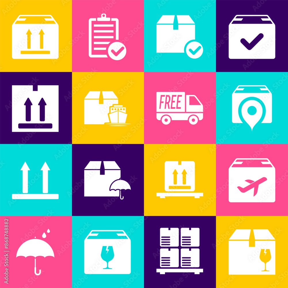Set Delivery box with fragile content, Plane and cardboard, Location, Package check mark, Cargo ship boxes, Cardboard traffic, and Free delivery service icon. Vector Set Delivery box with fragile content, Plane and cardboard, Location, Package check mark, Cargo ship boxes, Cardboard traffic, and Free delivery service icon. Vector