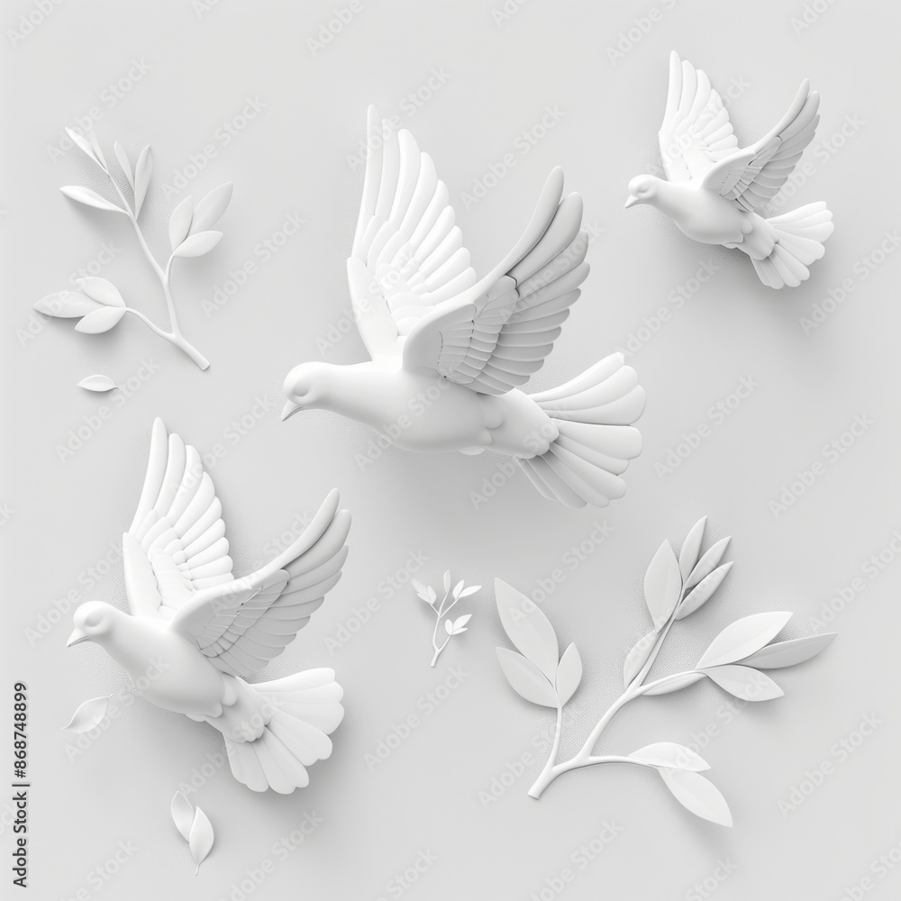 Obraz premium Peace dove icon, pigeons, twigs 3d realistic collection. Flying birds silhouettes on white