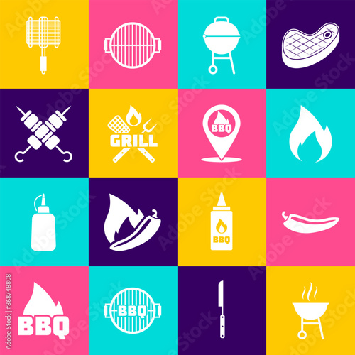 Set Barbecue grill, Hot chili pepper pod, Fire flame, Crossed fork and spatula, Grilled shish kebab, steel grid and Location with barbecue icon. Vector