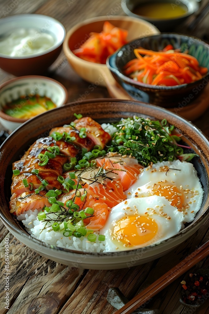 Japanese Rice Bowl with Salmon and Fried Eggs Japanese Rice Bowl with Salmon and Fried Eggs