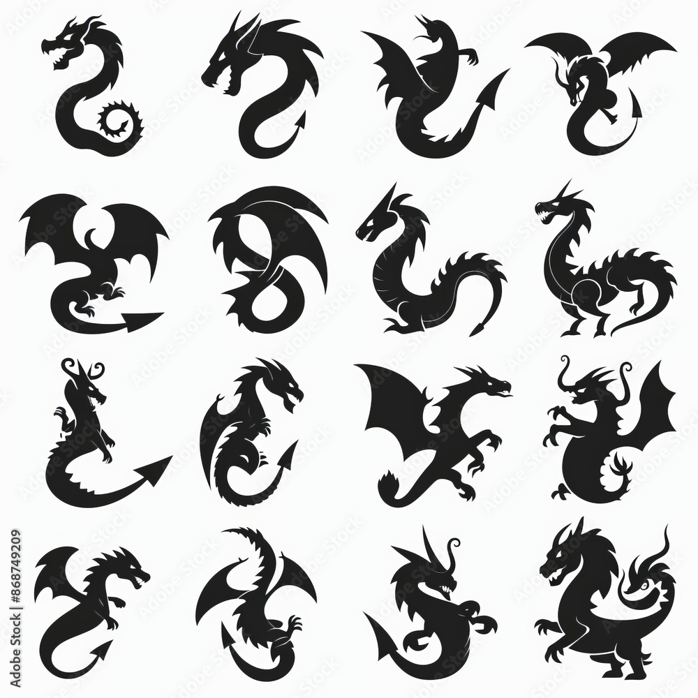 Dragons icon silhouette, dino, wyvern symbols, dinosaurs isolated, mythical monster, minimal flat tattoo Dragons icon silhouette, dino, wyvern symbols, dinosaurs isolated, mythical monster, minimal flat tattoo