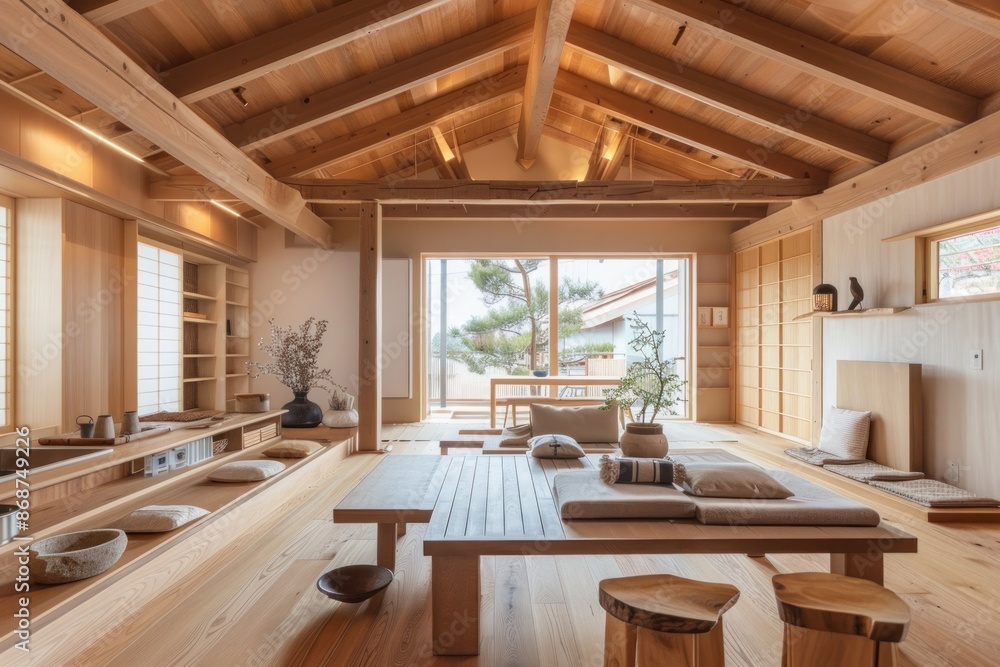 Fototapeta premium Modern Japanese Living Room with Wooden Beams and Natural Light