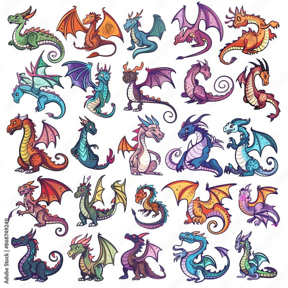 Fototapeta premium Funny dragons doodle set, cartoon dino, graphic dinosaurs isolated, monster animals