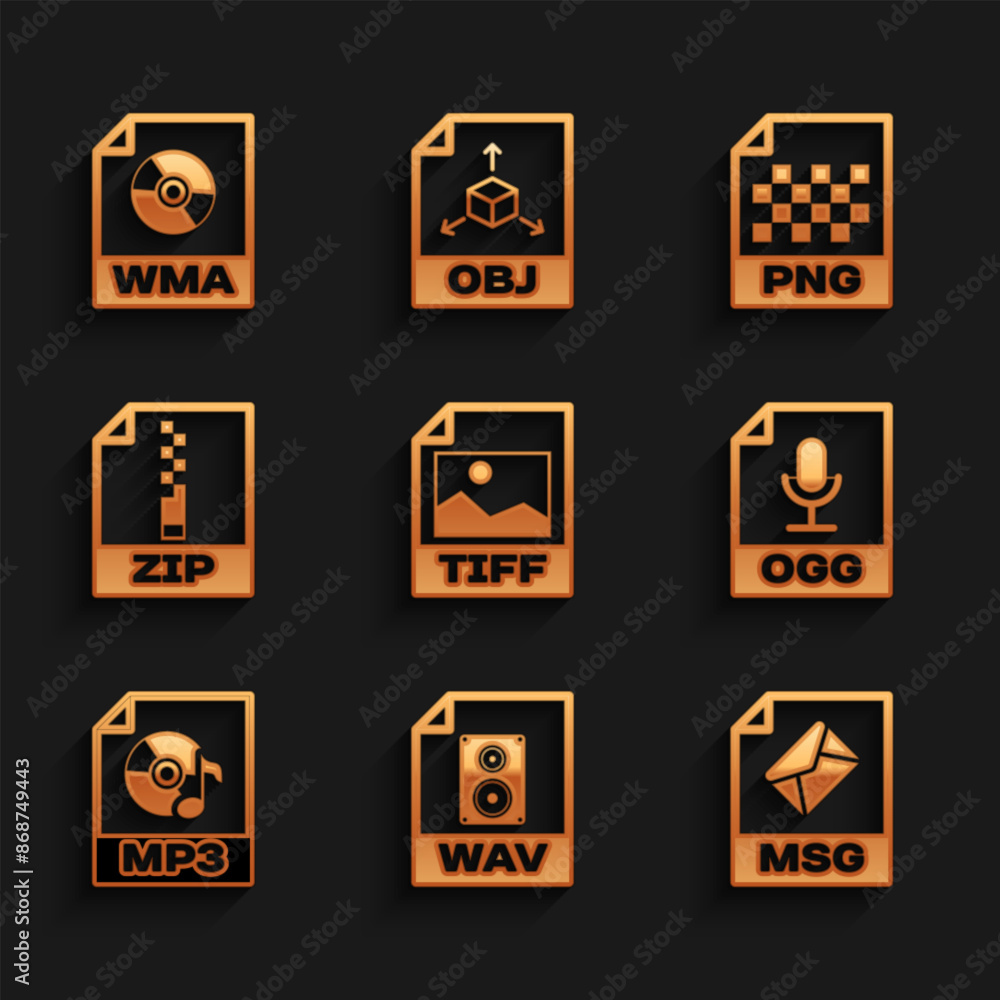 Set TIFF file document, WAV, MSG, OGG, MP3 and ZIP icon. Vector Set TIFF file document, WAV, MSG, OGG, MP3 and ZIP icon. Vector