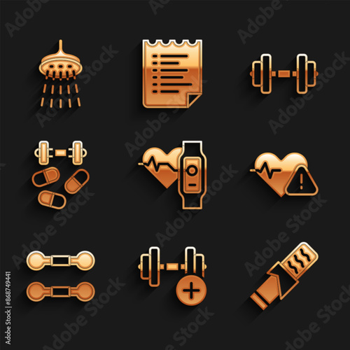 Set Smart watch with heart, Dumbbell, Protein sport bar, Heart rate, Sports doping dumbbell, and Shower icon. Vector