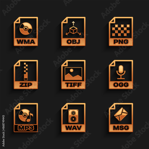 Set TIFF file document, WAV, MSG, OGG, MP3 and ZIP icon. Vector