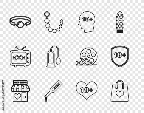 Set line Sex shop building, Shopping bag with heart, Head 18 plus, Spanking paddle, Silicone ball gag, Penis pump, content and Shield icon. Vector