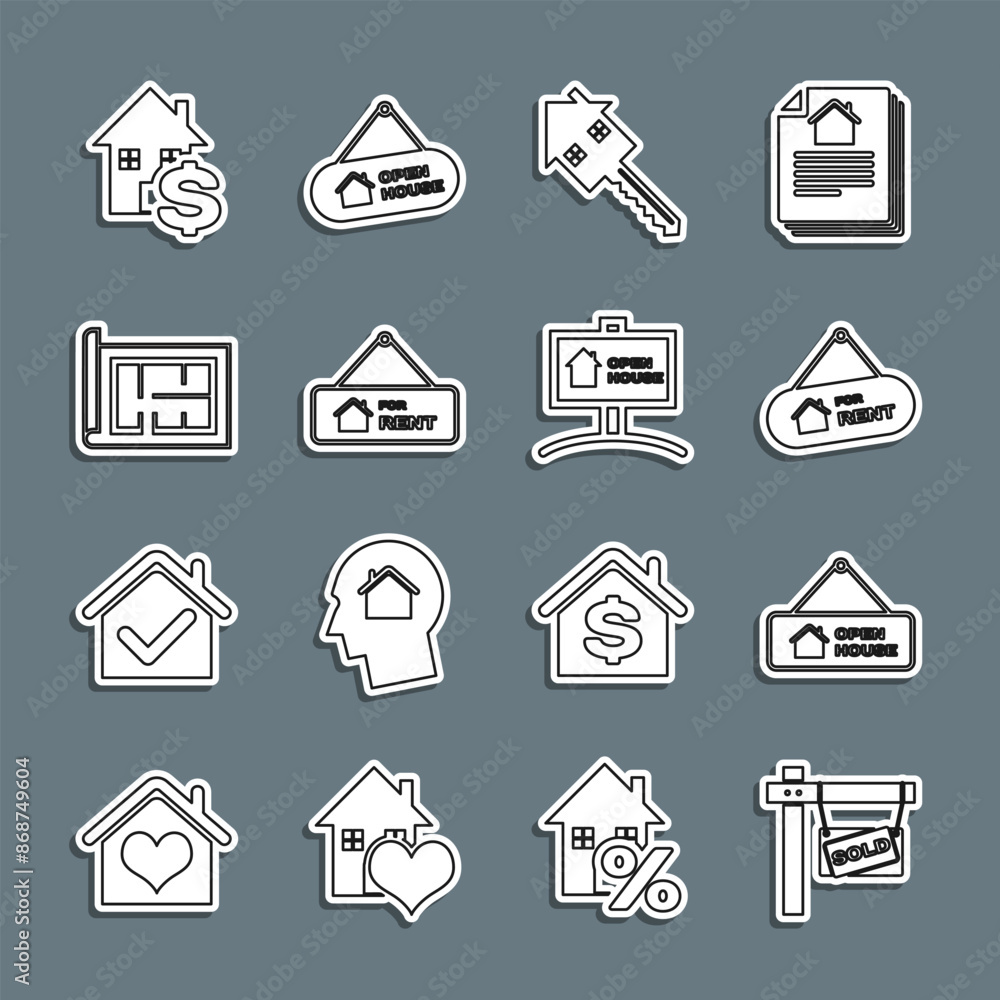 Set line Hanging sign with Sold, Open house, For Rent, House key, plan, dollar and icon. Vector Set line Hanging sign with Sold, Open house, For Rent, House key, plan, dollar and icon. Vector