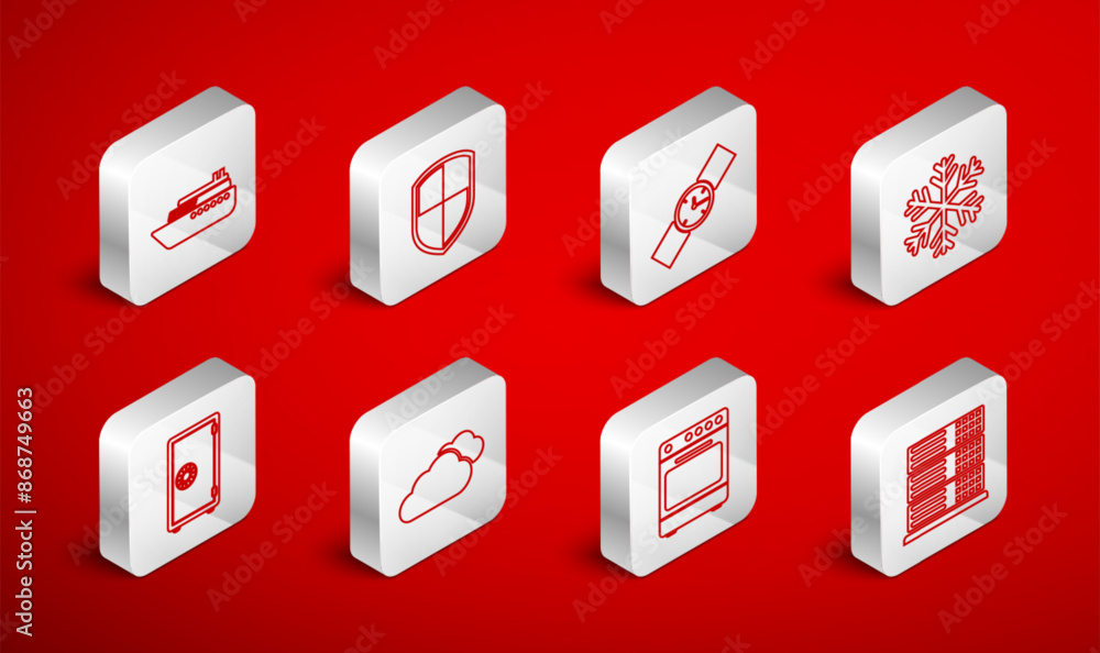 Set line Server, Data, Web Hosting, Shield, Wrist watch, Snowflake, Oven, Ship, Cloud and Safe icon. Vector Set line Server, Data, Web Hosting, Shield, Wrist watch, Snowflake, Oven, Ship, Cloud and Safe icon. Vector