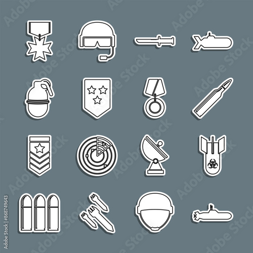 Set line Submarine, Biohazard bomb, Bullet, Military knife, Chevron, Hand grenade, reward medal and icon. Vector
