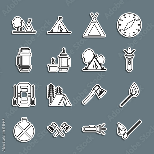 Set line Burning match with fire, Flashlight, Tourist tent, Thermos container, flag and icon. Vector