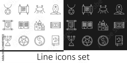 Set line Holy book of Koran, Traditional carpet, Pastafarianism, The commandments, Decree, paper, parchment, scroll, Star David necklace chain, Church building and icon. Vector