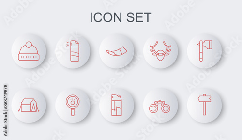 Set line Road traffic sign, Tourist tent, Hunting horn, Binoculars, Winter hat, Pepper spray, Paw search and Lighter icon. Vector